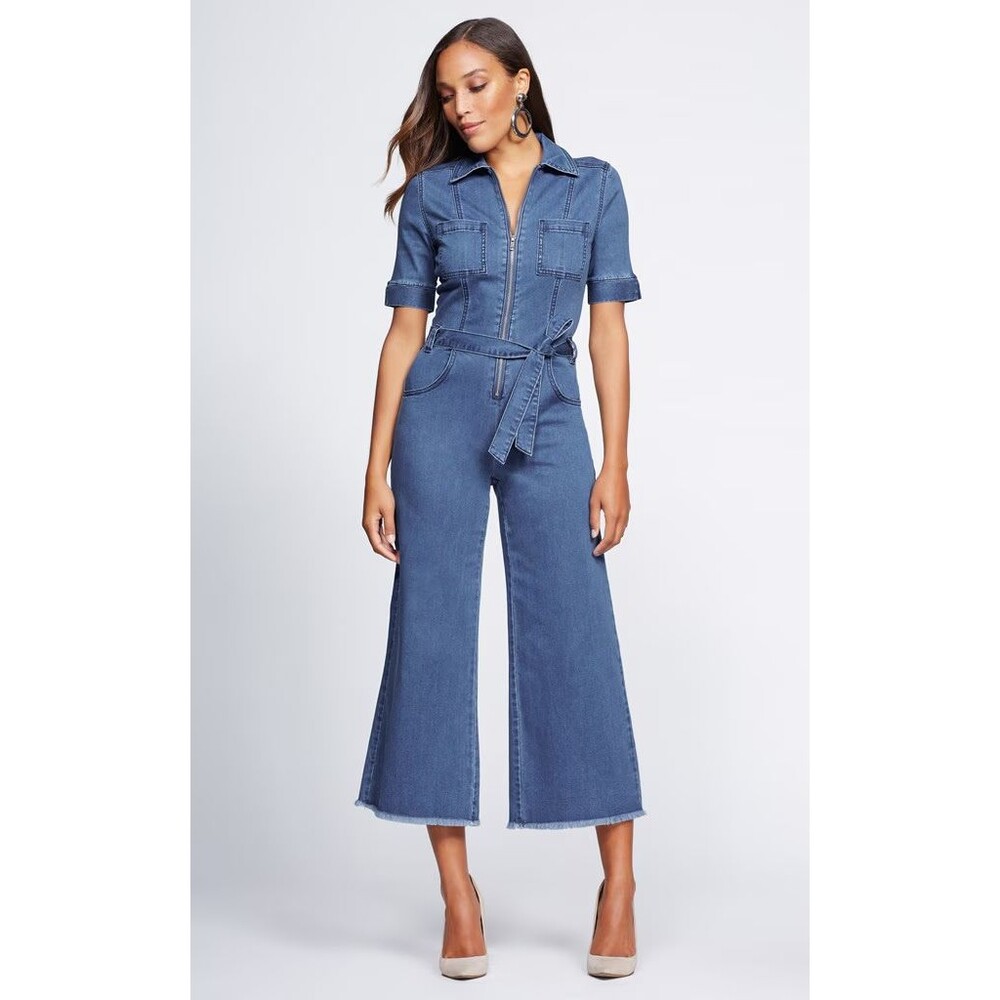 Gabrielle Union Denim Zip Up Jumpsuit Womens XSP Blue Raw Hem Short Sleeve NWT